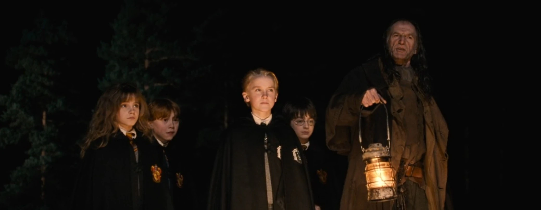 Draco, Ron, Harry Potter y Hermione camino al matadero