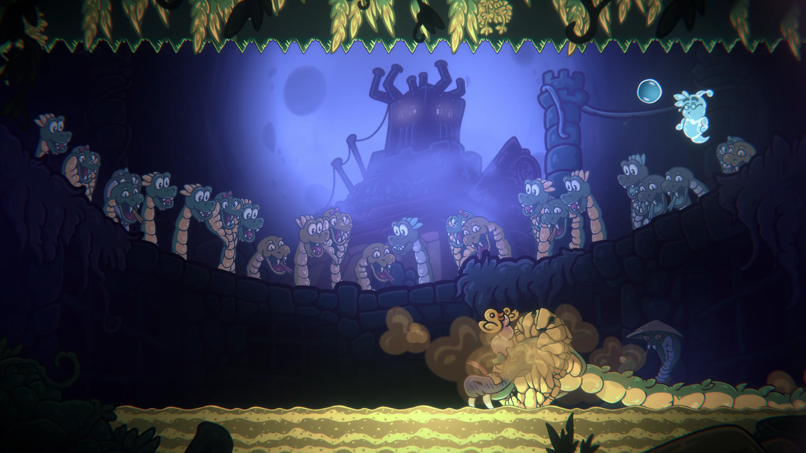 Combate contra jefe serpiente en Bubble Ghost Remake.