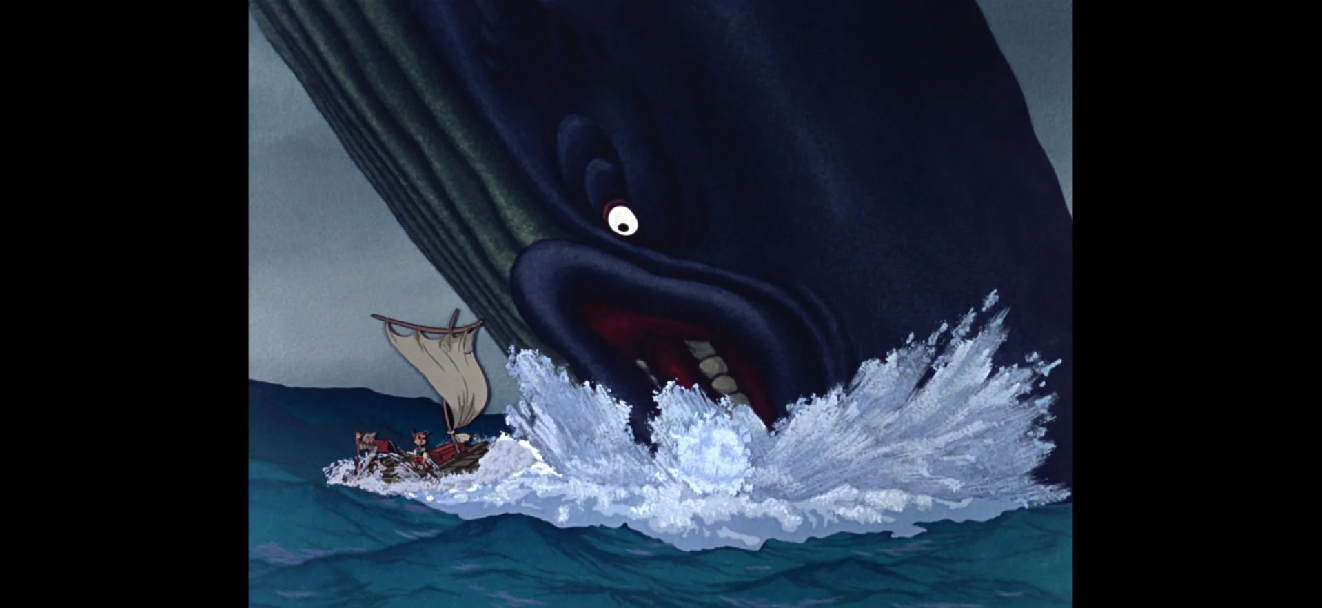 Pinocho, Geppetto y Pepito Grillo escapando de la ballena que los había devorado en Pinocho de 1940.
