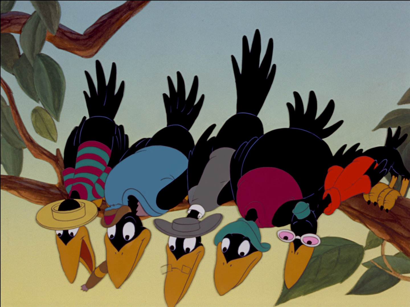 Los cuervos observan a Dumbo y a Timothy