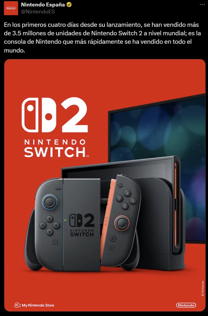 Imagen del tweet de Nintendo España donde anuncia las ventas de Nintendo Switch 2.